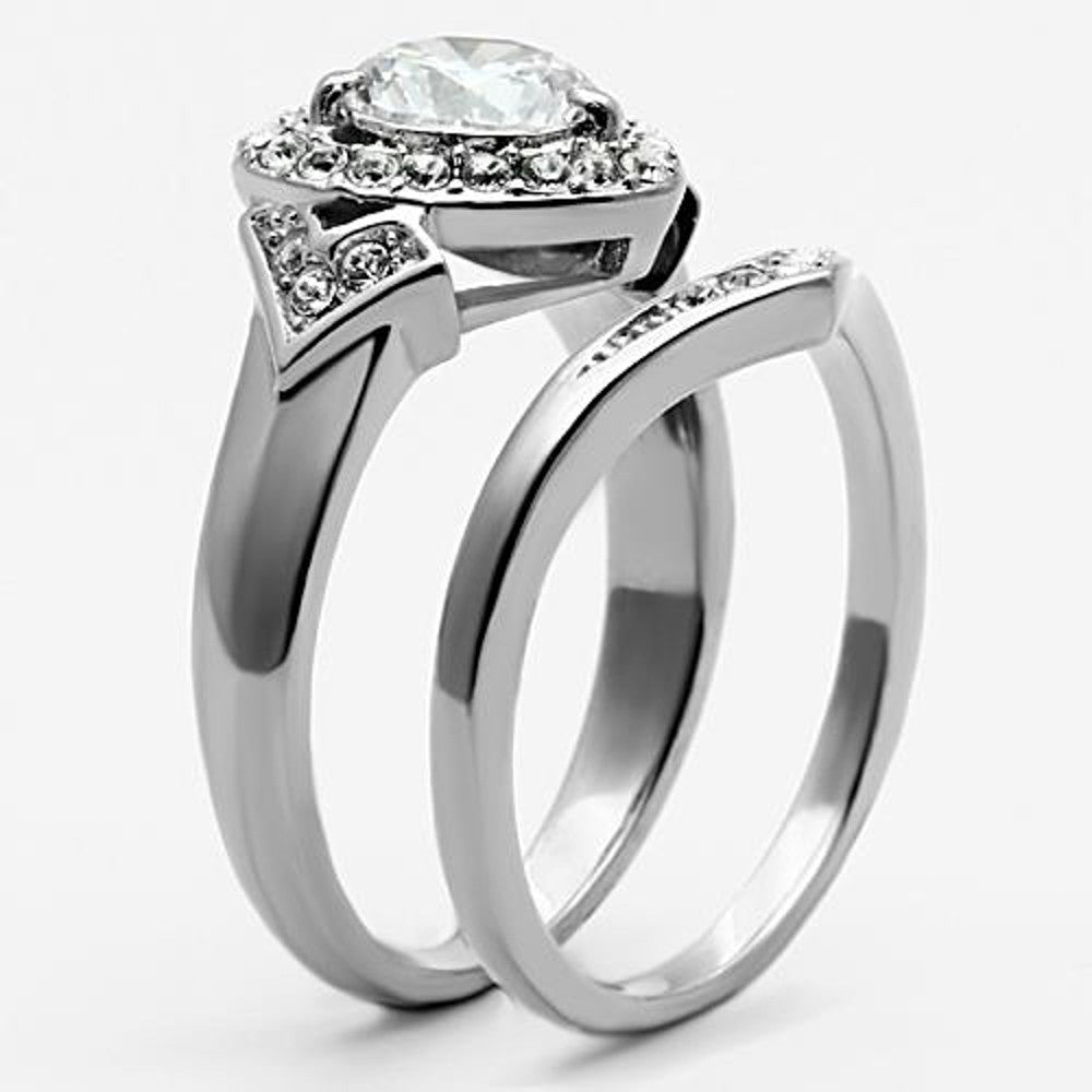 2.75Ct. Round Cut CZ Halo Heart Stainless Steel Wedding Ring Set Women's Sz 5-10